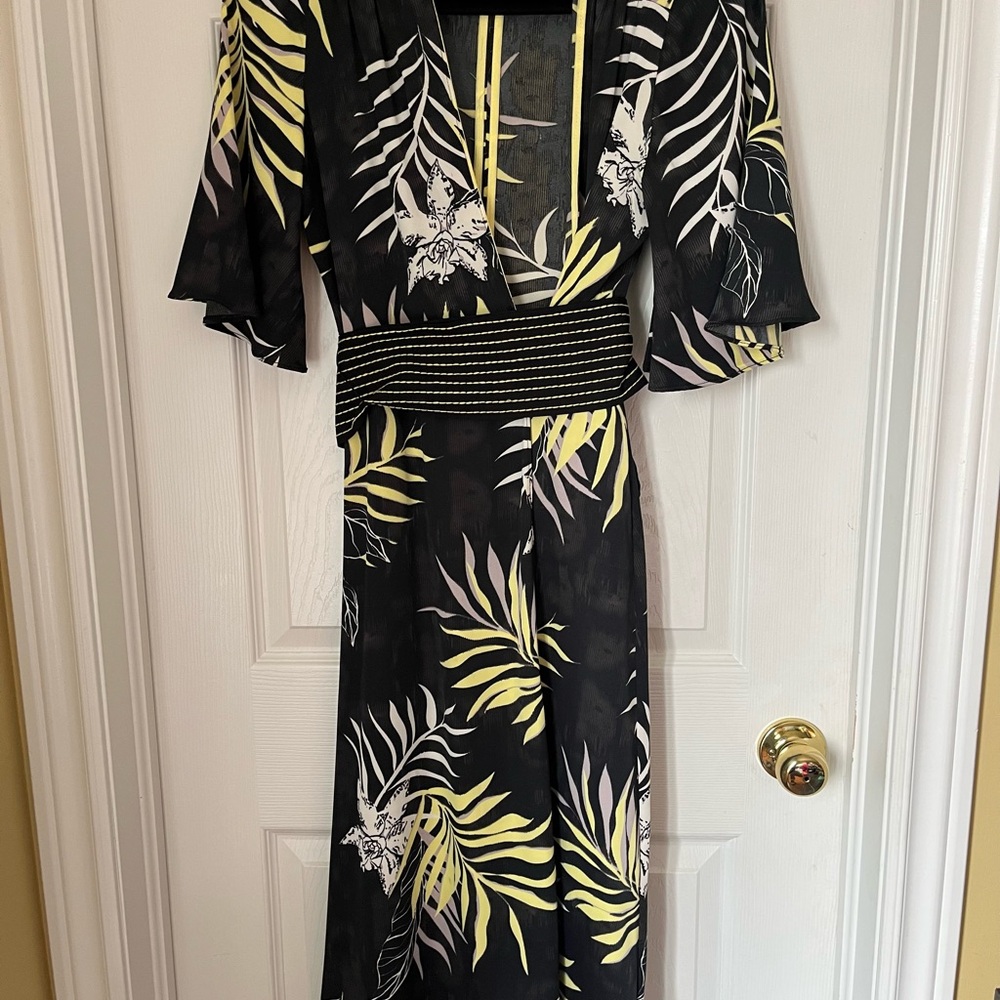 Black and Yellow Ruffled Wrap Midi Dress
